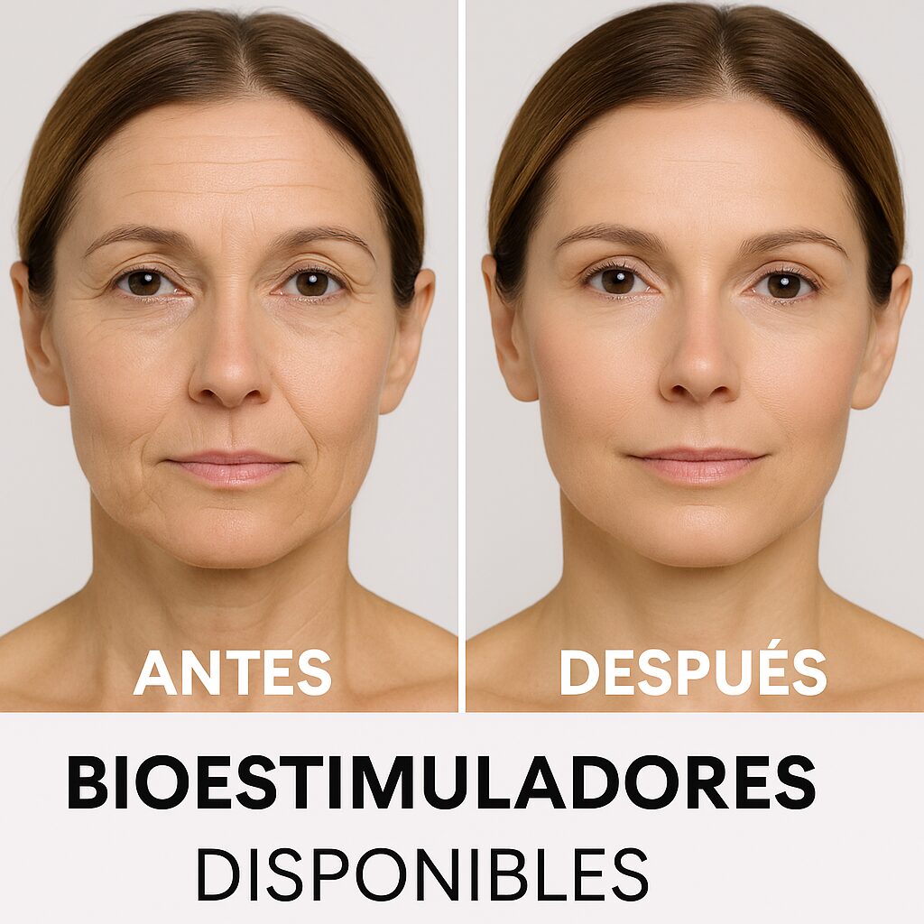 Comparación de resultados antes y después del tratamiento con bioestimuladores aplicados por el Dr. Xavier Sánchez García en CDMX, mostrando piel rejuvenecida.
